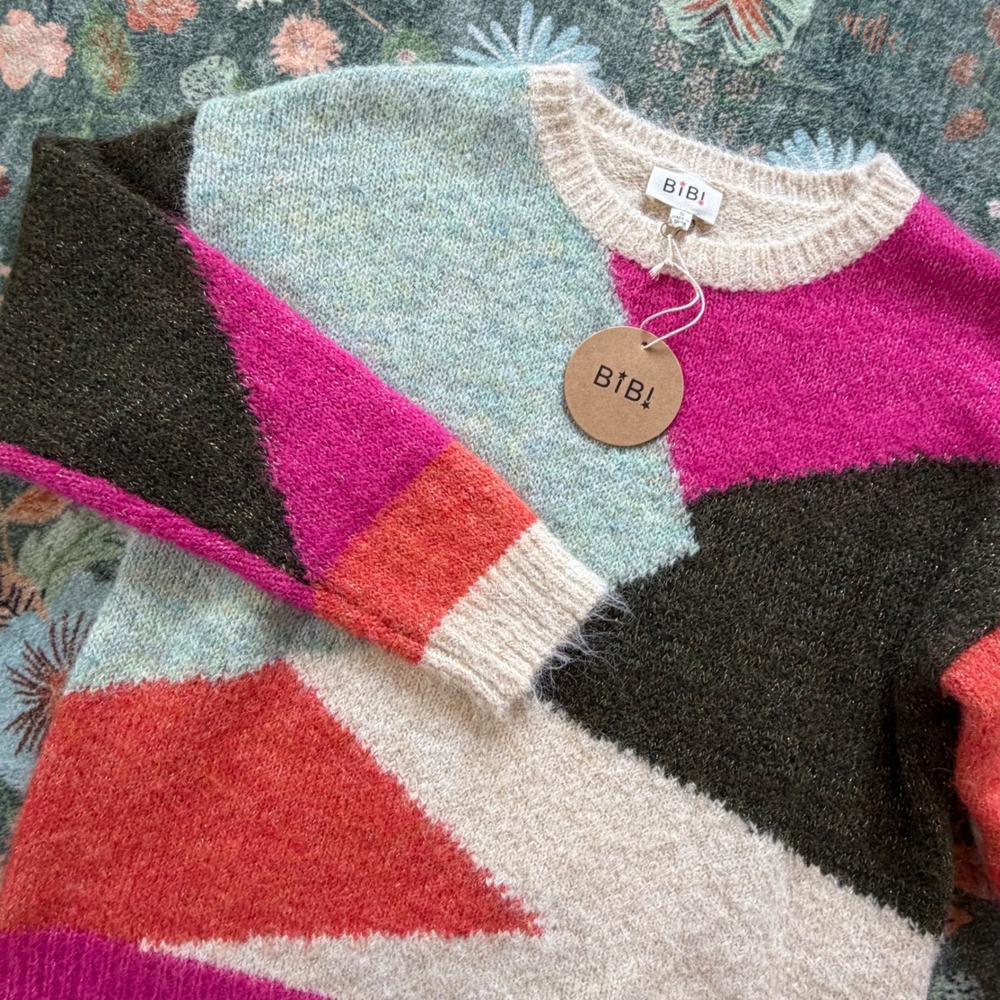 BiBi Womens Colorblock Fuzzy Knit Sweater IT4719-01 Pink Orange Small NWT